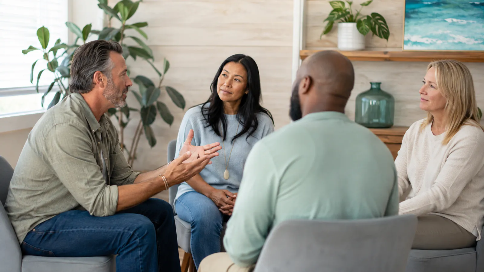 Four adults in a supportive conversation accompanying addiction treatment in Miramar, FL