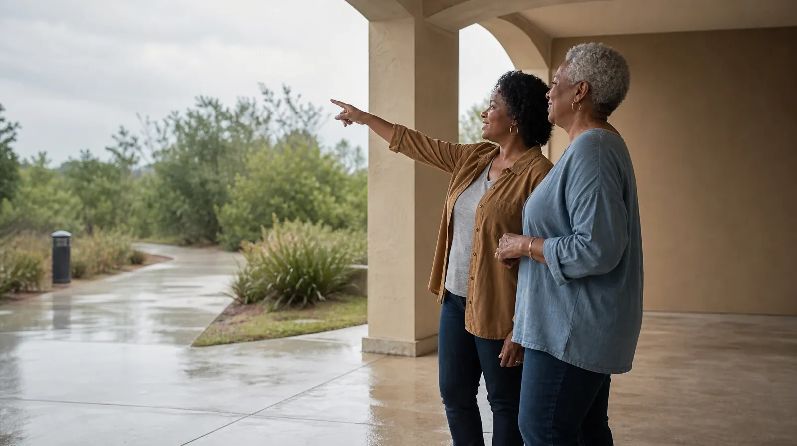 Two adults talk beneath a covered walkway · Planning Time Away for Treatment for Atlantis, FL Residents