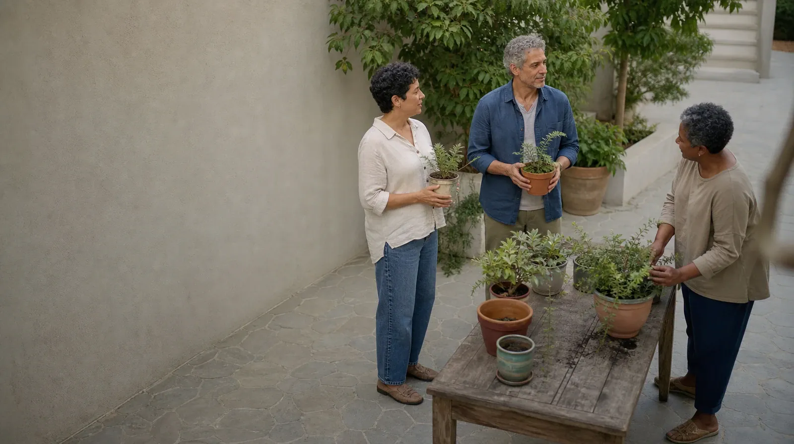 Returning Home After Treatment for Atlantis, FL Residents | Three adults pause while tending plants in a courtyard Three adults pause while tending plants in a courtyard · Returning Home After Treatment for Atlantis, FL Residents