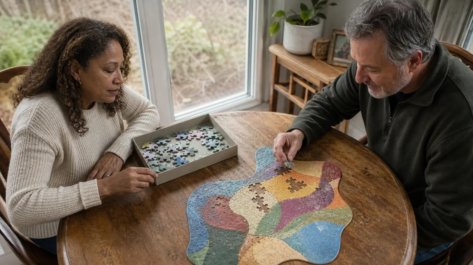 Benzodiazepines Addiction Treatment for Atlantis, FL Residents | Two adults work on a small jigsaw puzzle at a round table… Two adults work on a small jigsaw puzzle at a round table… · Benzodiazepines Addiction Treatment for Atlantis, FL Residents
