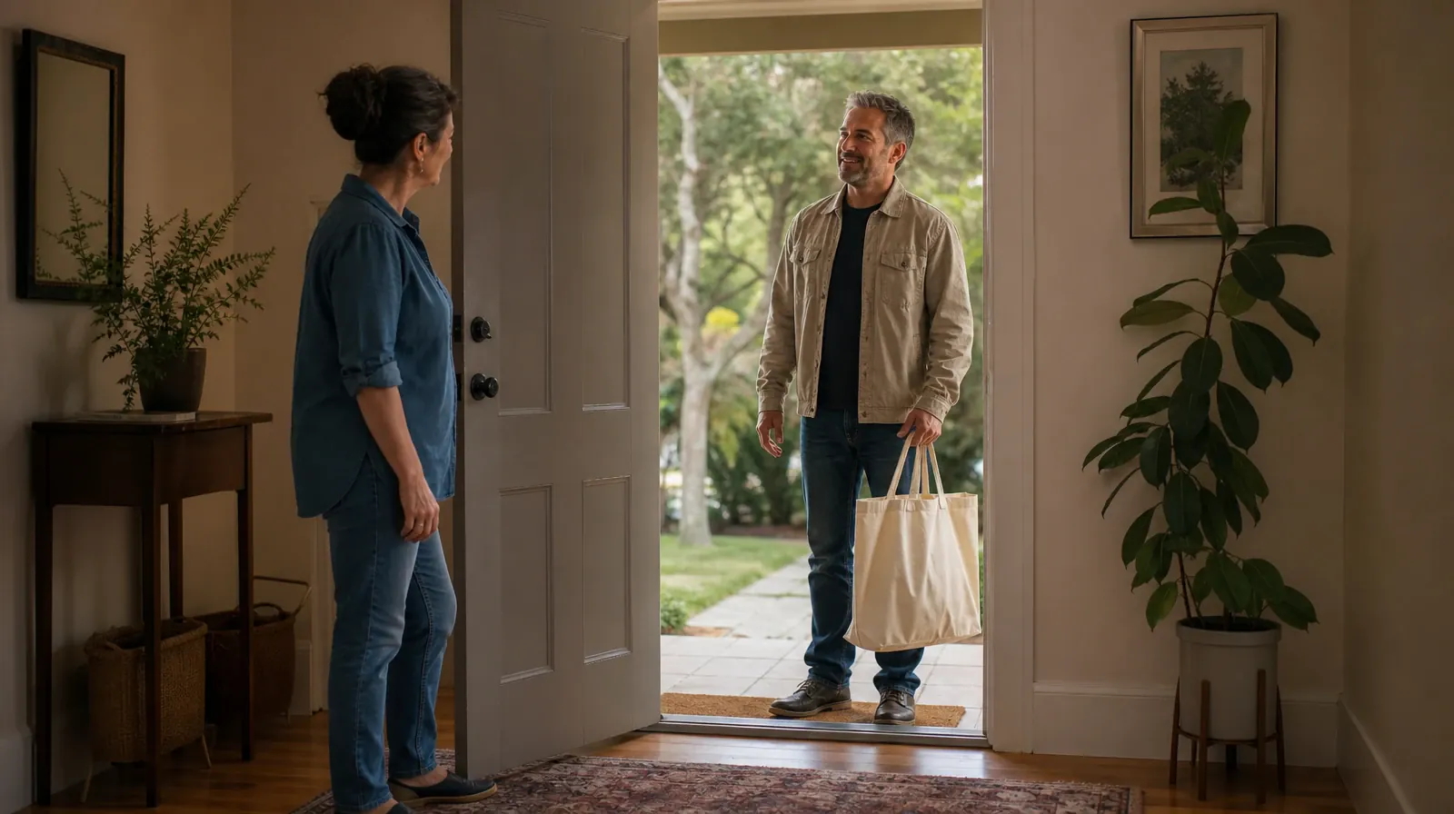 An adult opens a home door for an adult friend carrying a plain… · Cocaine Addiction Treatment for Atlantis, FL Residents