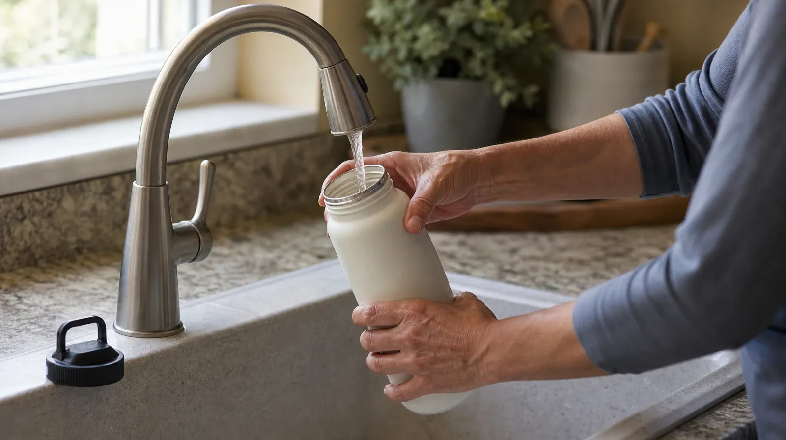 Supporting an Adult Loved One for Bal Harbour, FL Residents | An adult fills a plain reusable water bottle at a home… An adult fills a plain reusable water bottle at a home… · Supporting an Adult Loved One for Bal Harbour, FL Residents