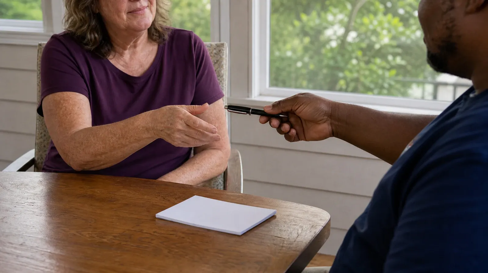 One adult offers a capped pen to another beside a small blank… · Supporting an Adult Loved One for Bay Harbor Islands, FL