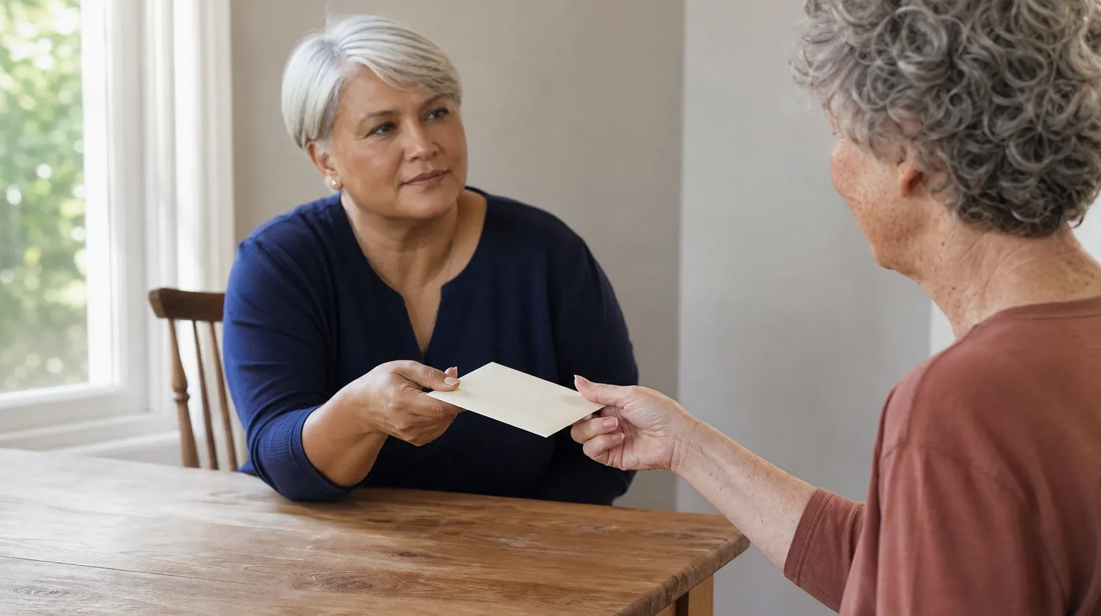 Residential Addiction Treatment for Big Coppitt Key, FL | Two adults pass a closed unmarked envelope across a plain home… Two adults pass a closed unmarked envelope across a plain home… · Residential Addiction Treatment for Big Coppitt Key, FL