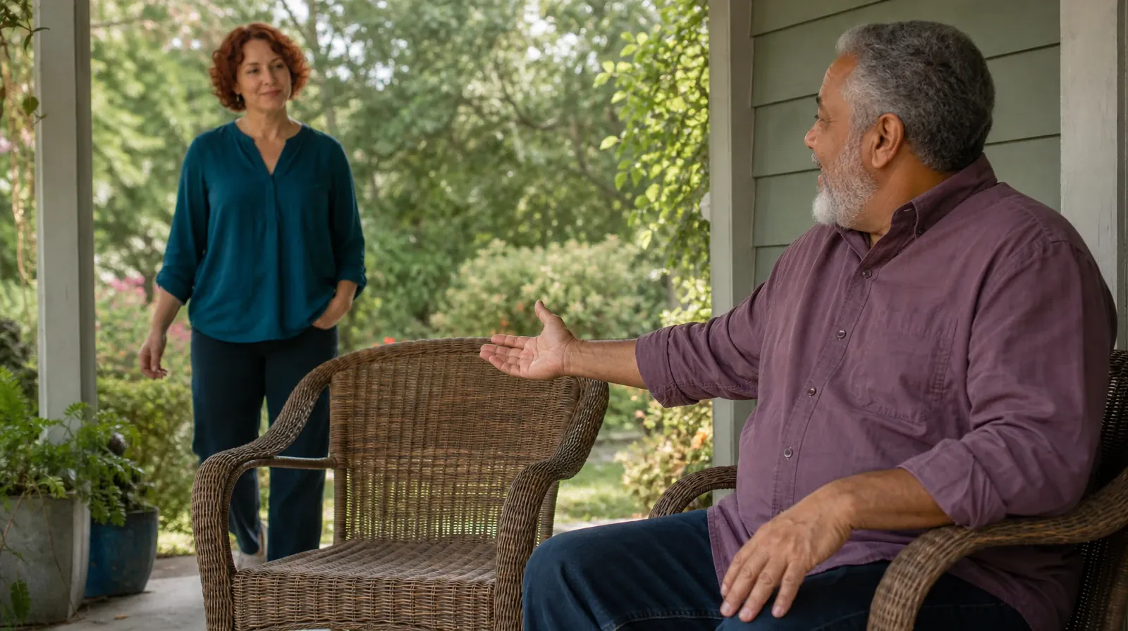 A seated adult gestures toward an empty chair while… · Planning a Treatment Assessment for Big Coppitt Key, FL Residents