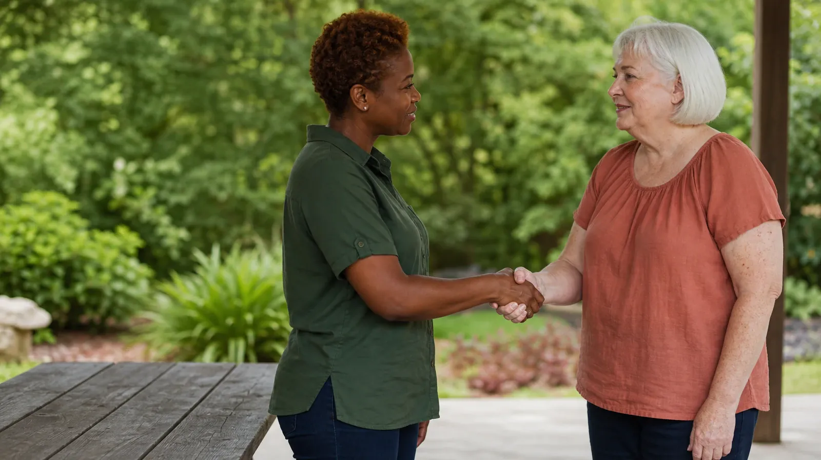 Planning Time Away for Treatment for Big Coppitt Key, FL | Two adults share a brief handshake beside a plain outdoor table Two adults share a brief handshake beside a plain outdoor table · Planning Time Away for Treatment for Big Coppitt Key, FL