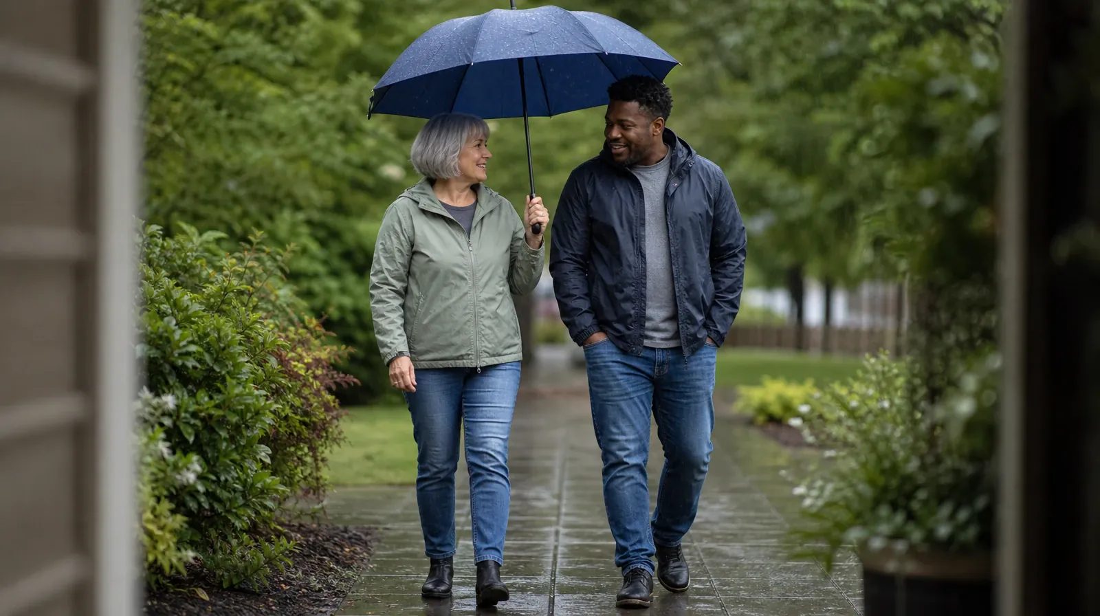 An adult angles a navy umbrella to shelter another adult on… · Cocaine Addiction Treatment for Big Coppitt Key, FL Residents