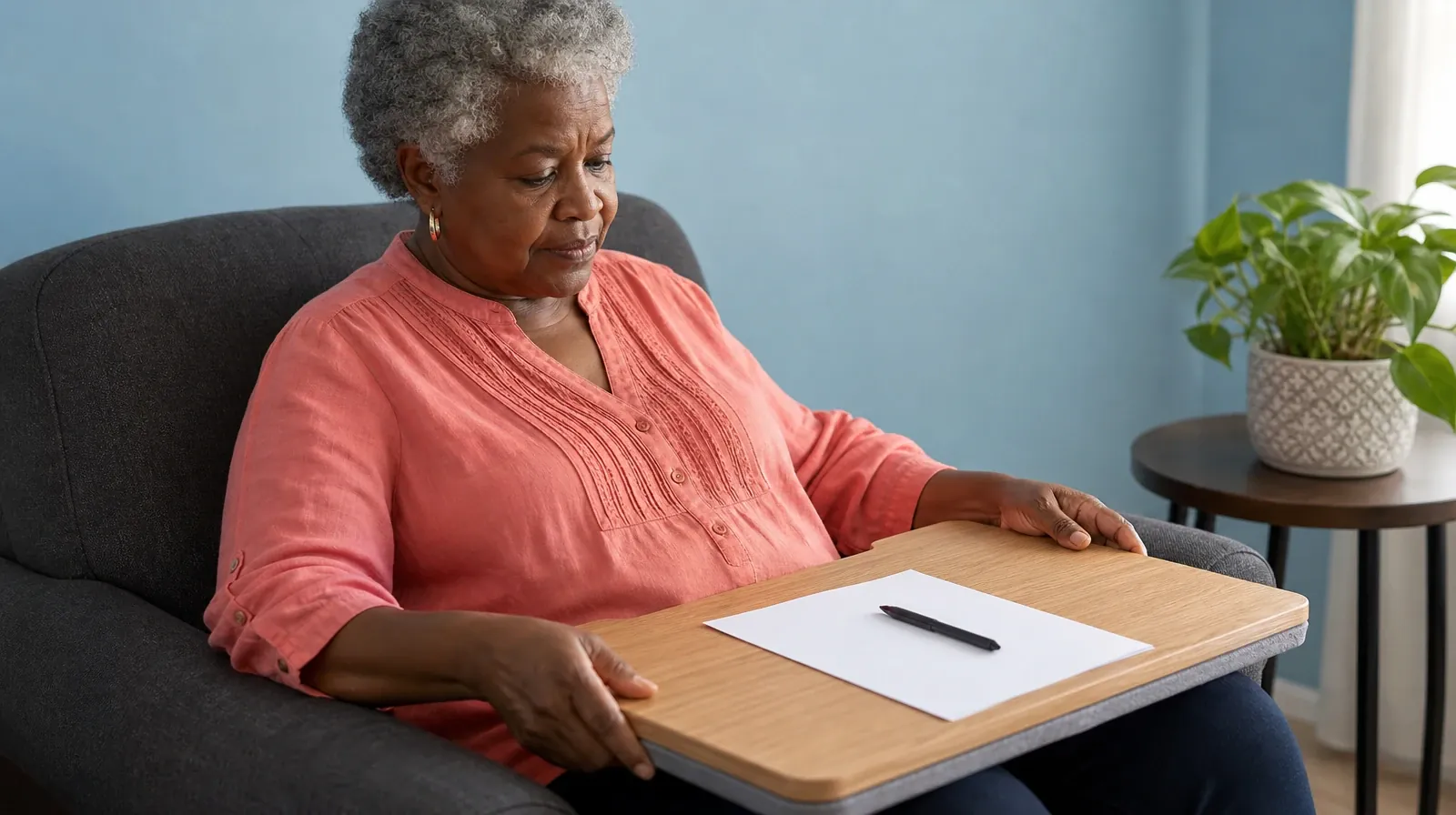 An older adult settles a small lap desk with a blank sheet and… · Drug and Alcohol Detox for Big Pine Key, FL Residents