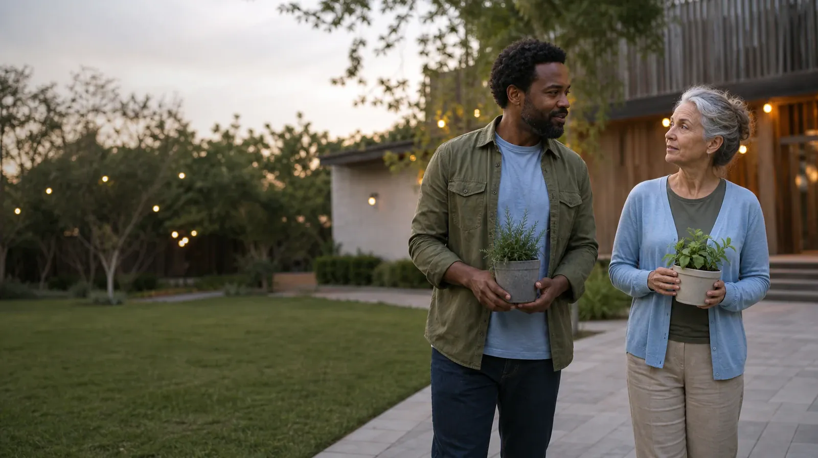 Two adults pause with small plants in a courtyard · Addiction Treatment for Big Pine Key, FL Residents