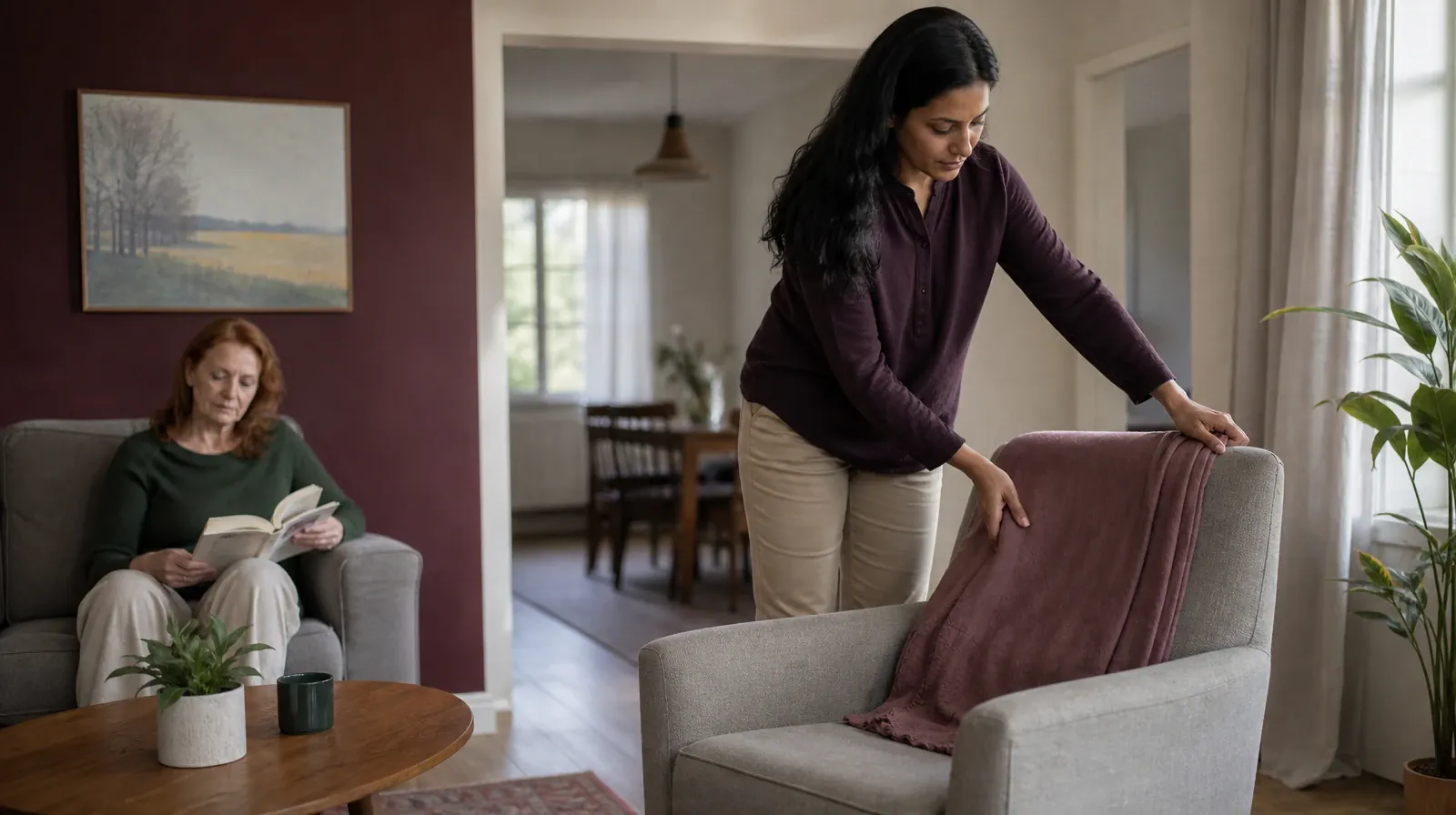 An adult folds a plain cotton throw over a chair · Supporting an Adult Loved One for Big Torch Key, FL Residents