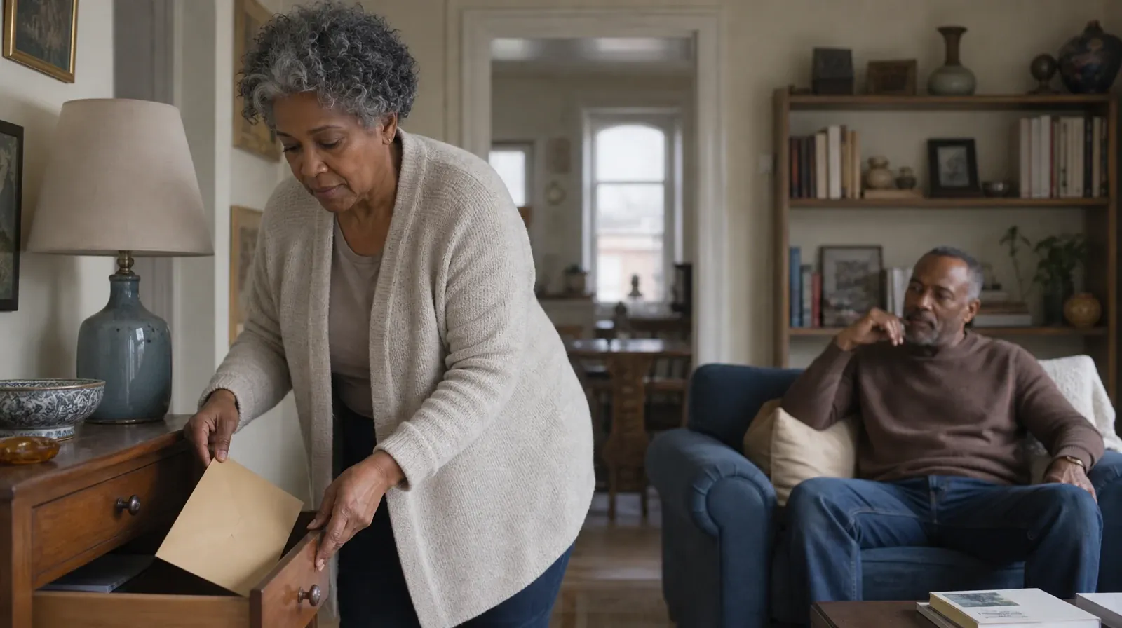 An adult places a plain sealed envelope in a drawer · Supporting an Adult Loved One for Biscayne Park, FL Residents