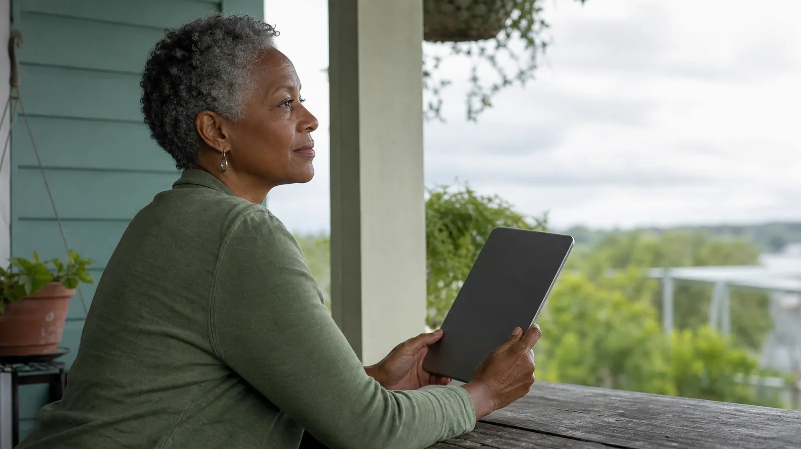 An adult pauses with a tablet angled away while looking… · Polysubstance use Addiction Treatment for Biscayne Park, FL