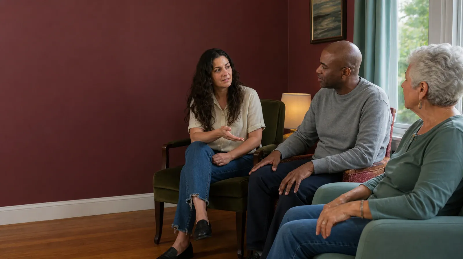 Three seated adults turn toward one person as another offers a small… · Addiction Treatment for Biscayne Park, FL Residents