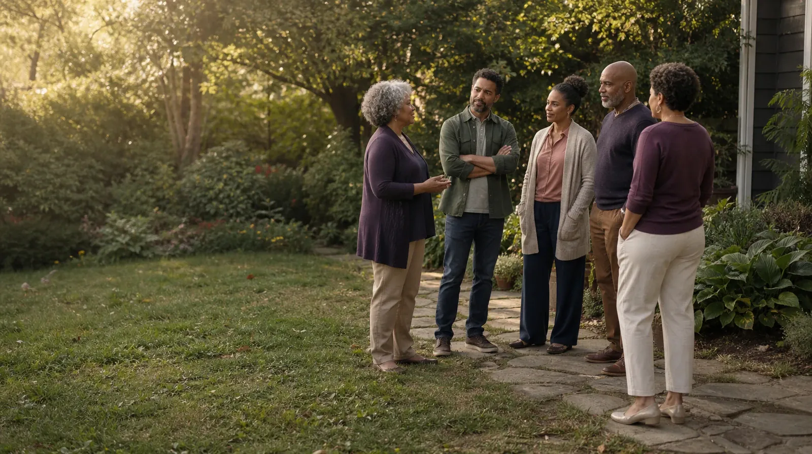 Five adults listen during an informal garden conversation · Supporting an Adult Loved One for Boca Raton, FL Residents