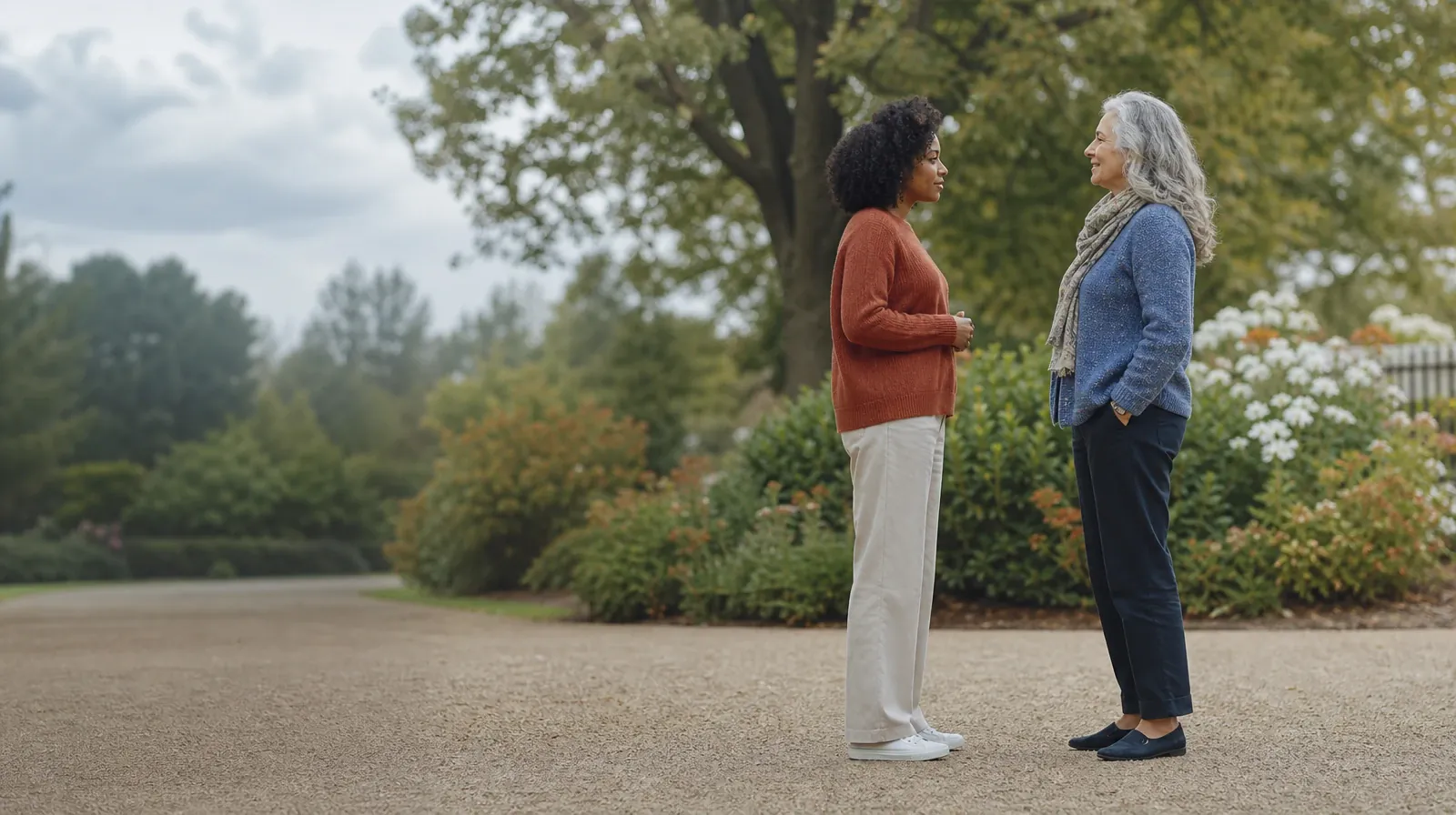 Language and Accessibility Questions for Boynton Beach, FL | Two adults pause to talk on a broad garden path Two adults pause to talk on a broad garden path · Language and Accessibility Questions for Boynton Beach, FL