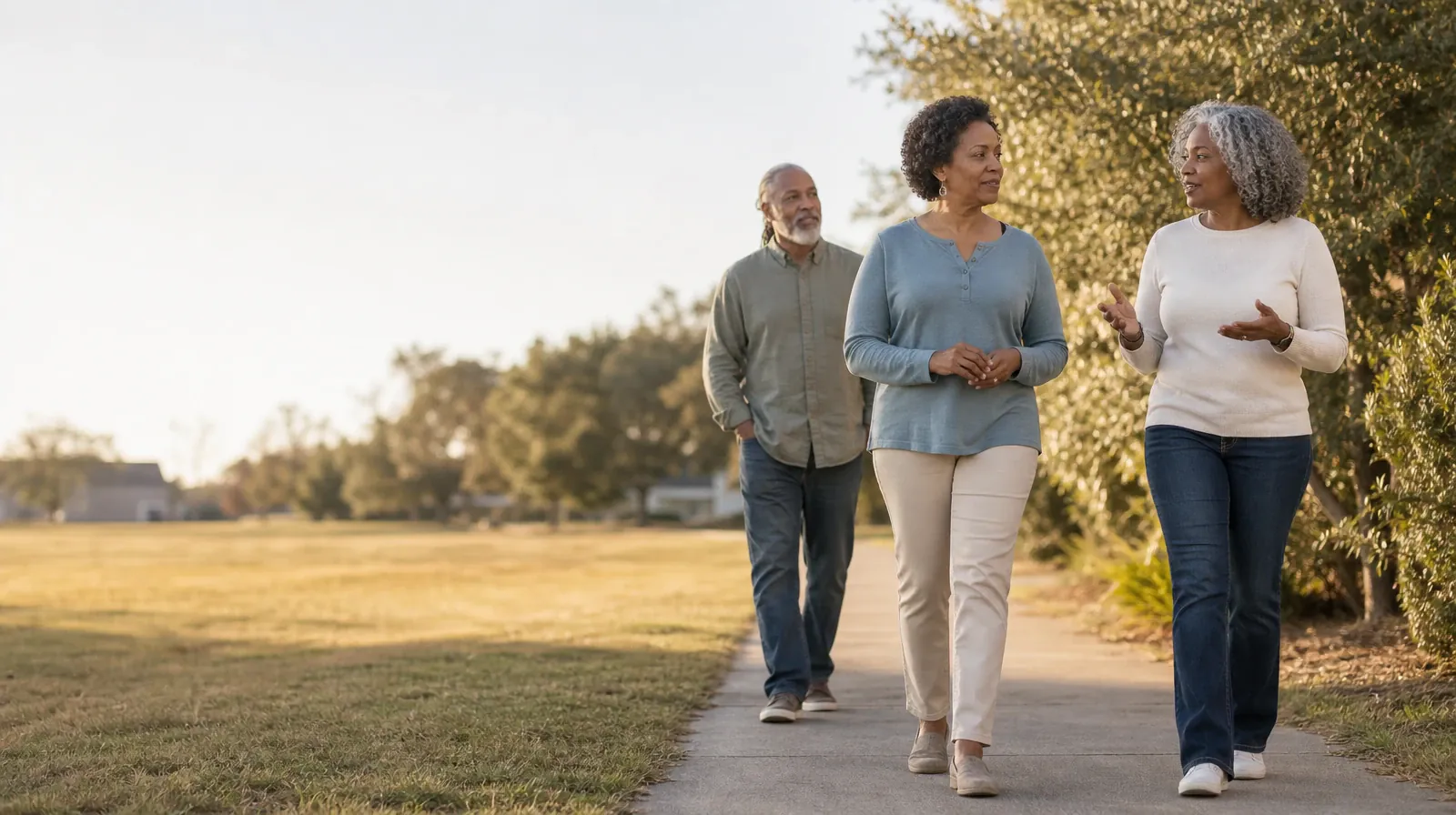 Three adults walk and talk on an unmarked neighborhood path · Treatment Cost Questions for Boynton Beach, FL Residents