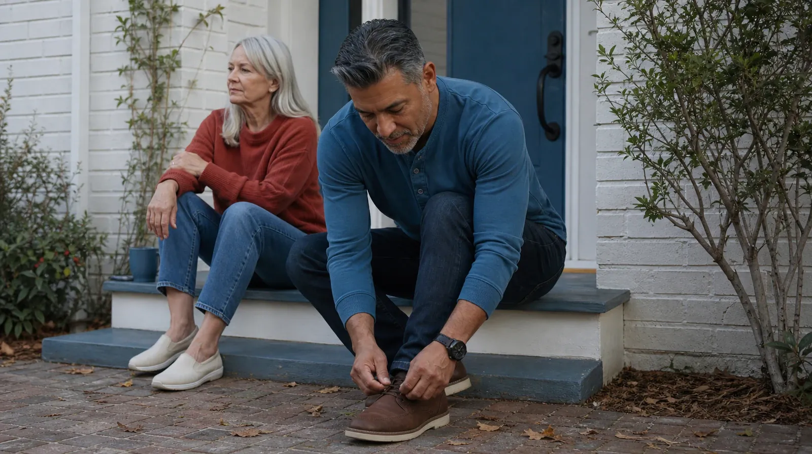 An adult ties a shoe on a low home step · Starting a Treatment Conversation for Coconut Creek, FL Residents