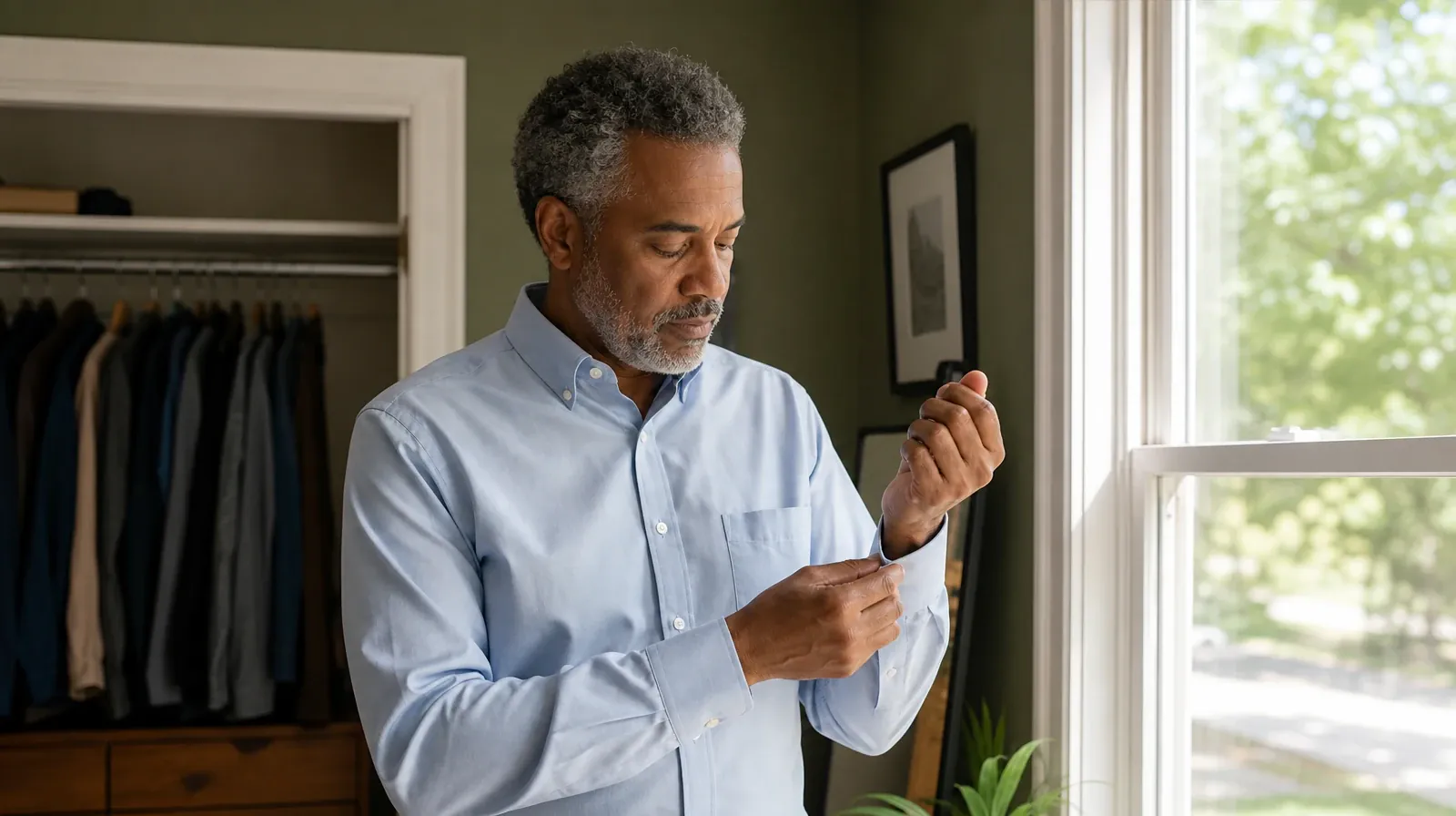 An adult buttons a shirt cuff near a window · Fentanyl Addiction Treatment for Coconut Creek, FL Residents