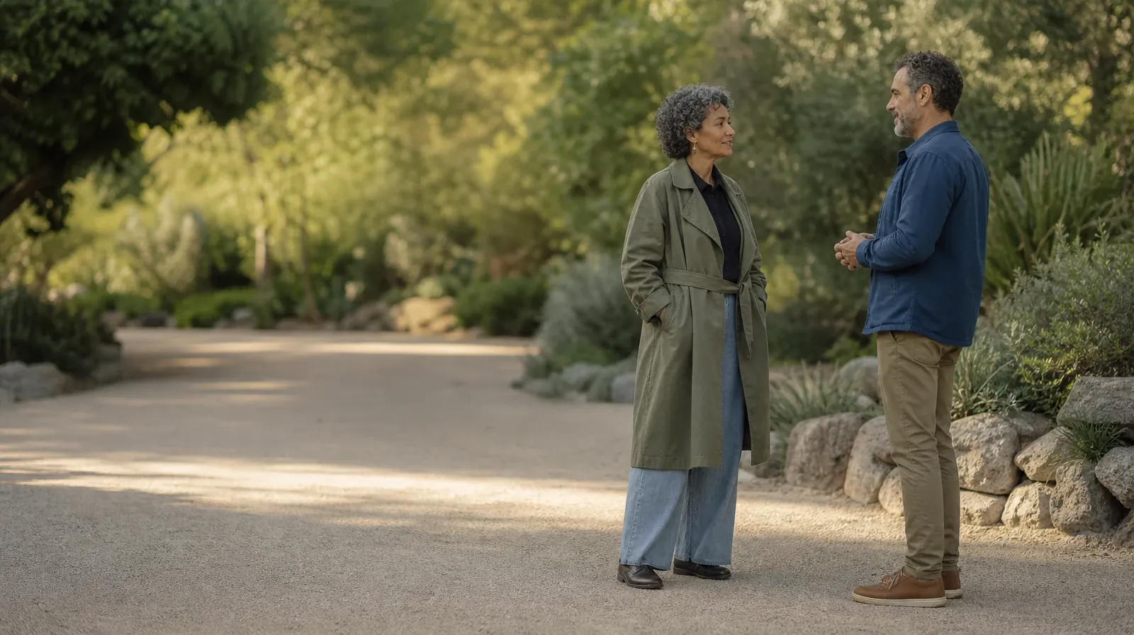Two adults pause to talk on a broad garden path · Supporting an Adult Loved One for Cooper City, FL Residents