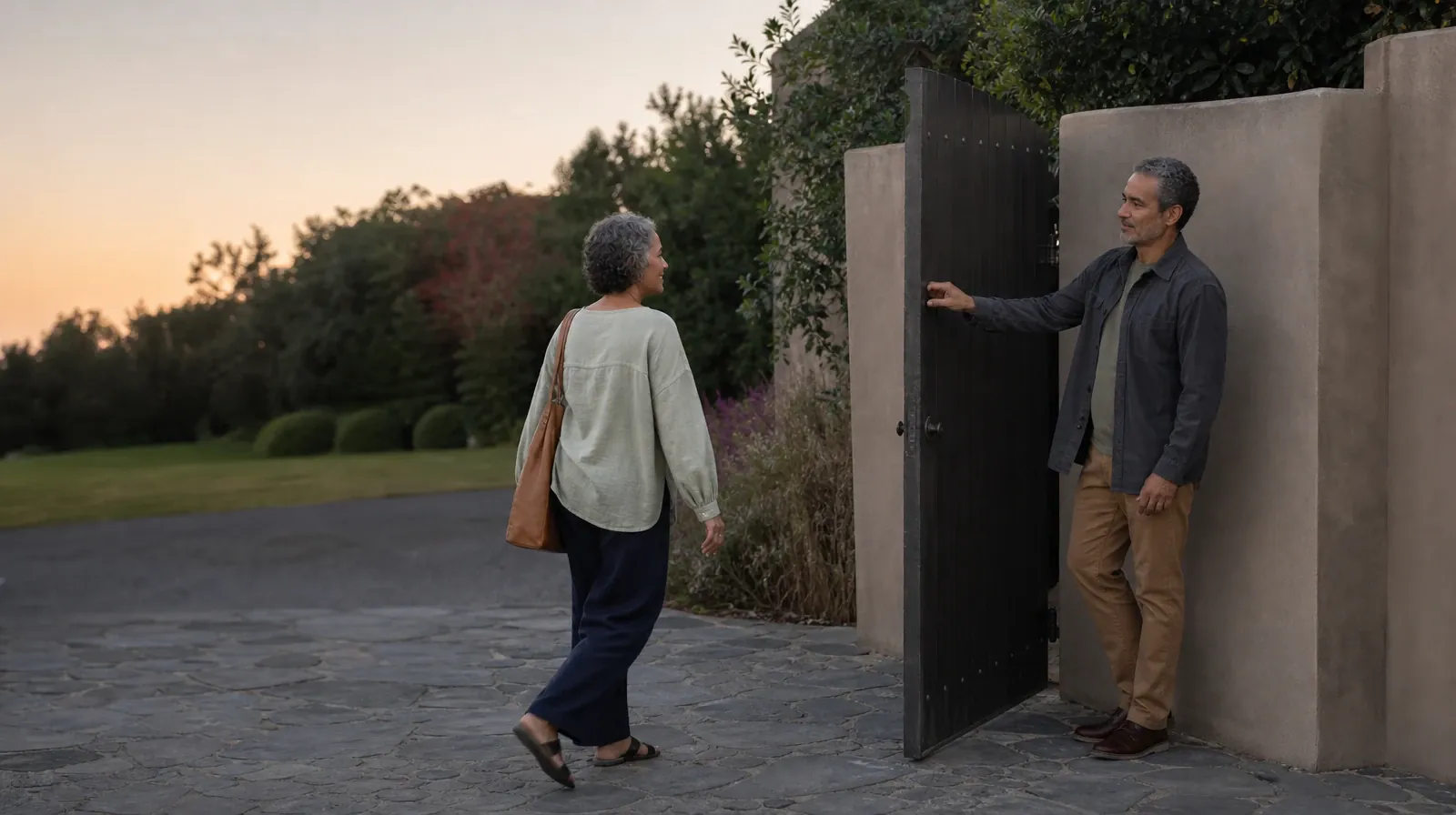 One adult holds a garden gate for another · Planning Time Away for Treatment for Coral Springs, FL Residents