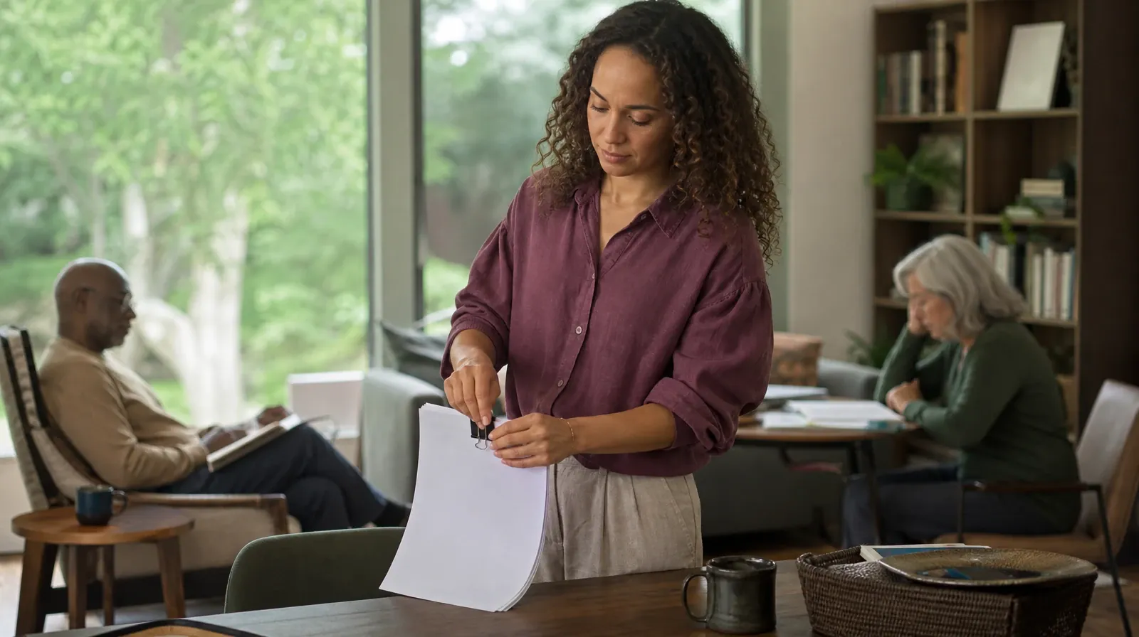 An adult clips together a small stack of blank paper · Planning a Treatment Assessment for Cutler Bay, FL Residents