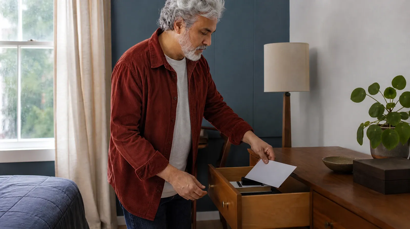 An adult places a plain sealed envelope in a drawer · Planning Time Away for Treatment for Cutler Bay, FL Residents
