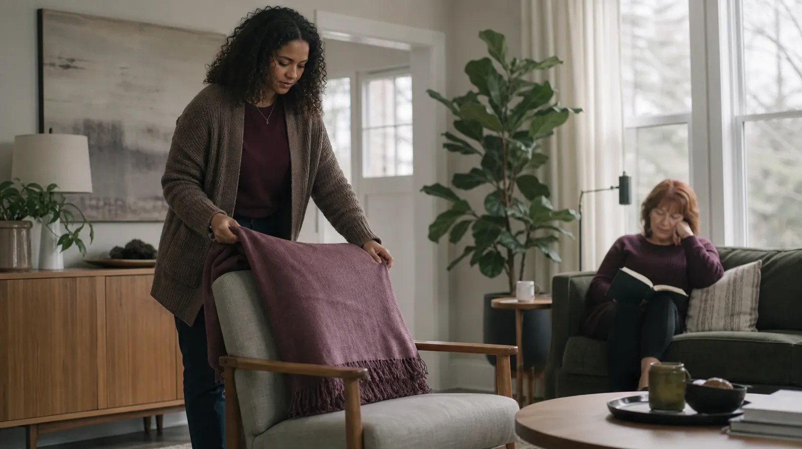 An adult folds a plain cotton throw over a chair · Adult Recovery Support Resources for Dania Beach, FL Residents