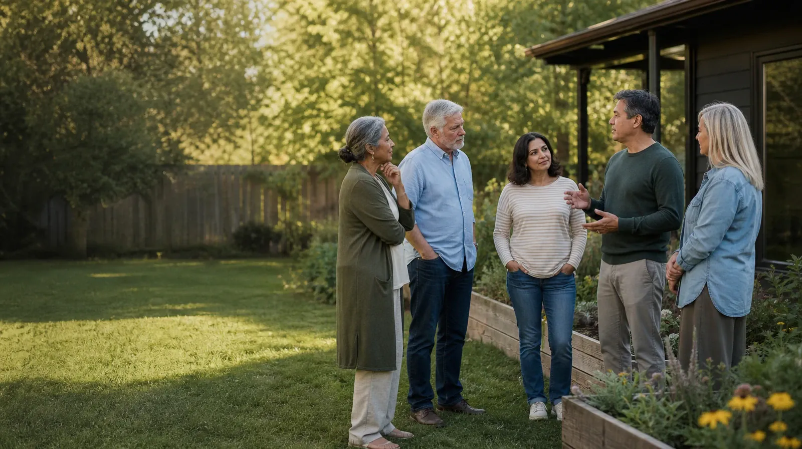 Planning a Treatment Assessment for Davie, FL Residents | Five adults listen during an informal garden conversation Five adults listen during an informal garden conversation · Planning a Treatment Assessment for Davie, FL Residents