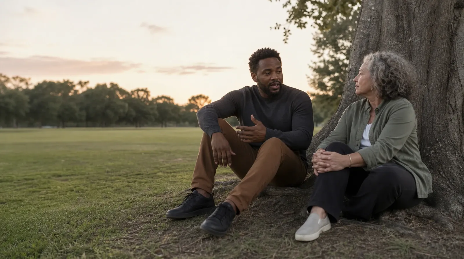 Two adults talk beneath a tree at a public green · Supporting an Adult Loved One for Davie, FL Residents