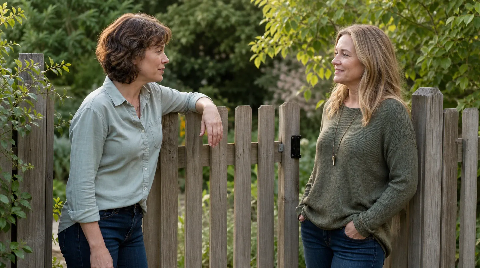 Two adults pause for a conversation beside an open garden gate · Addiction Treatment for Davie, FL Residents
