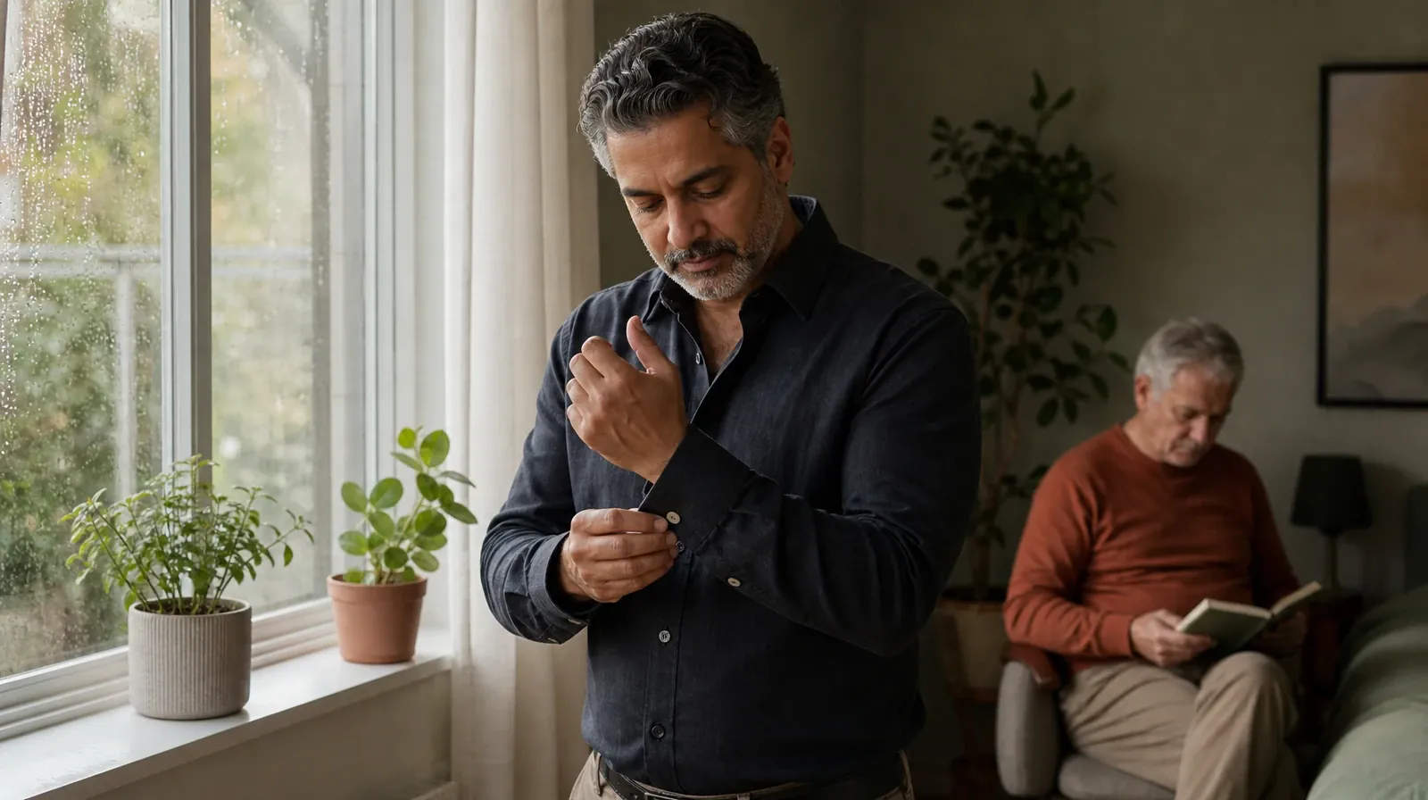 An adult buttons a shirt cuff near a window · Polysubstance use Addiction Treatment for Deerfield Beach, FL
