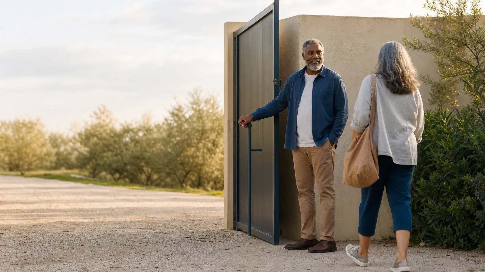 One adult holds a garden gate for another · Supporting an Adult Loved One for Delray Beach, FL Residents