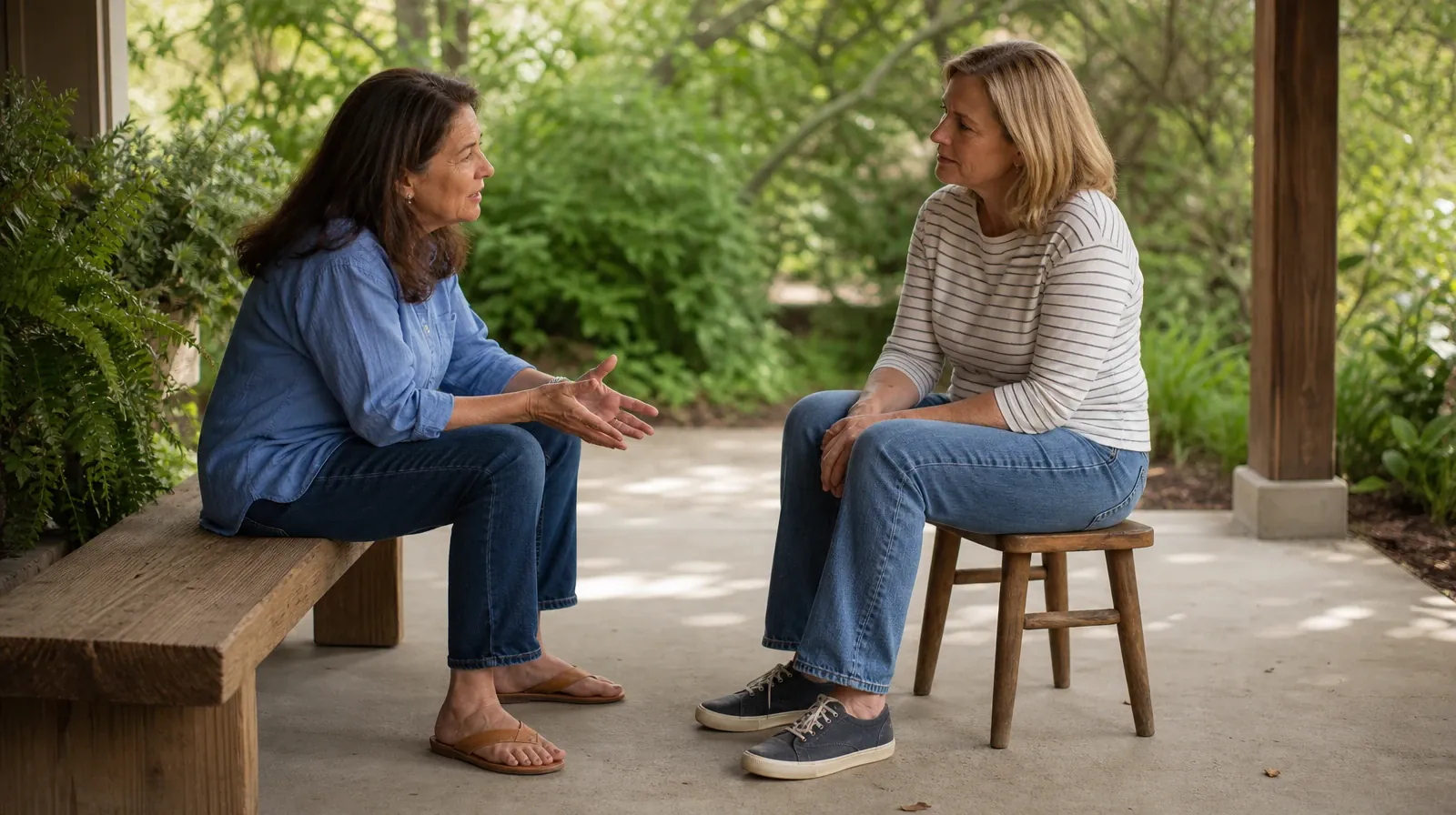 Addiction Treatment for Delray Beach, FL Residents | Two adults talk at a right angle while seated on a backless bench and… Two adults talk at a right angle while seated on a backless bench and… · Addiction Treatment for Delray Beach, FL Residents