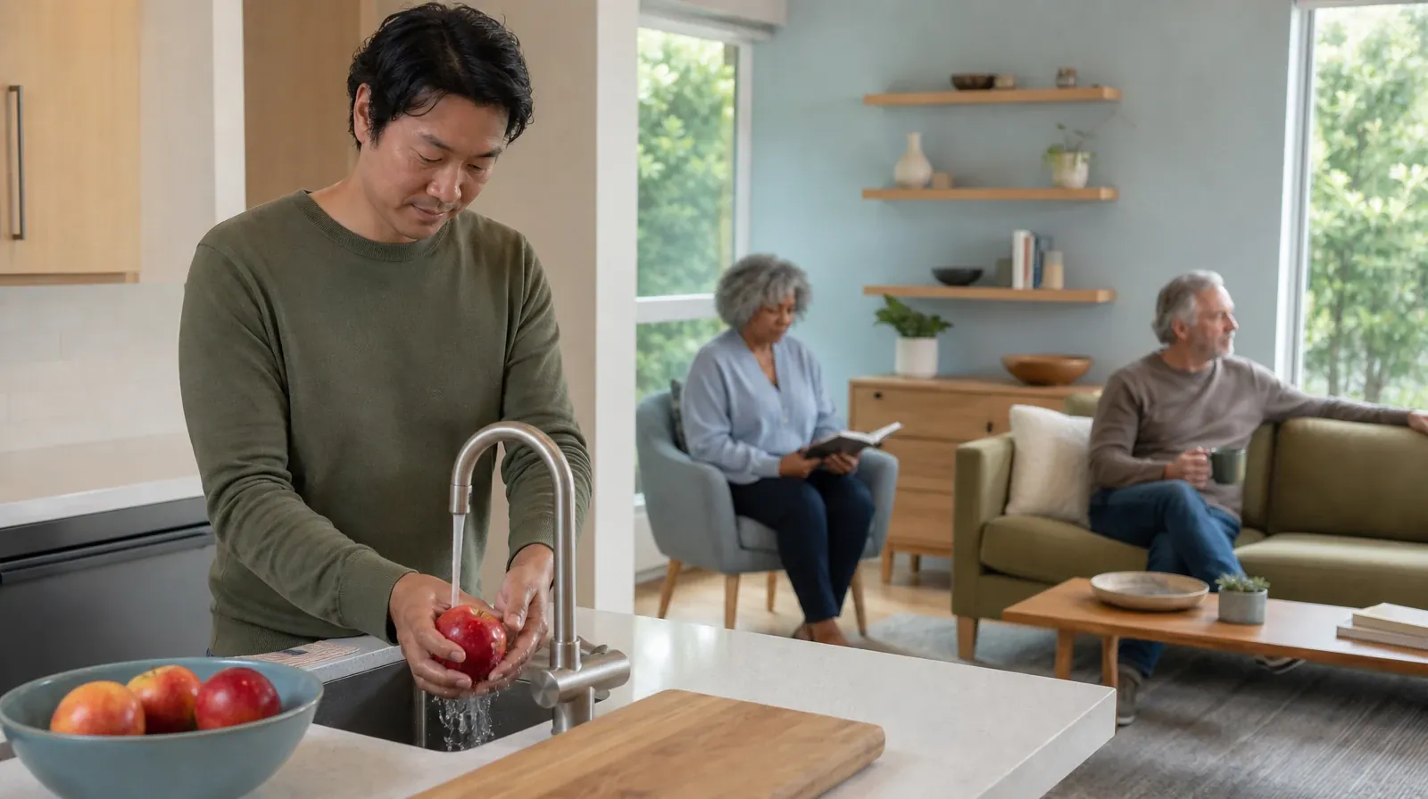 An adult rinses an apple at a kitchen sink · Supporting an Adult Loved One for Florida City, FL Residents
