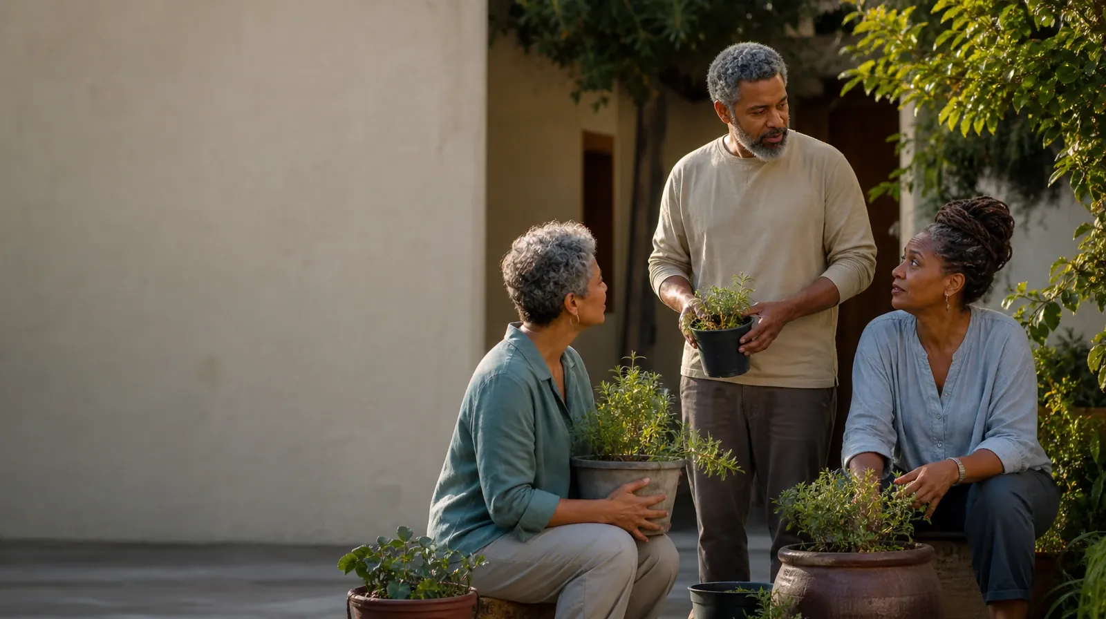 Three adults pause while tending plants in a courtyard · Language and Accessibility Questions for Fort Lauderdale, FL