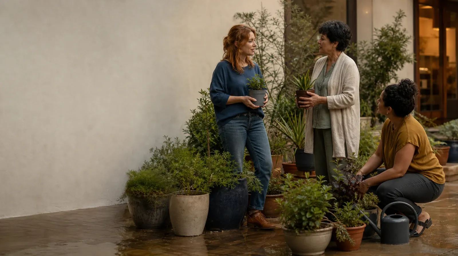 Planning Time Away for Treatment for Fort Lauderdale, FL | Three adults pause while tending plants in a courtyard Three adults pause while tending plants in a courtyard · Planning Time Away for Treatment for Fort Lauderdale, FL