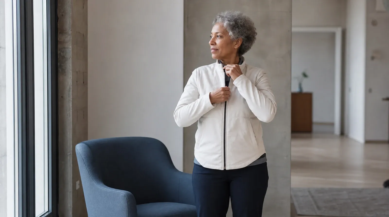 An adult zips a light jacket beside an empty chair · Codeine Addiction Treatment for Fort Lauderdale, FL Residents