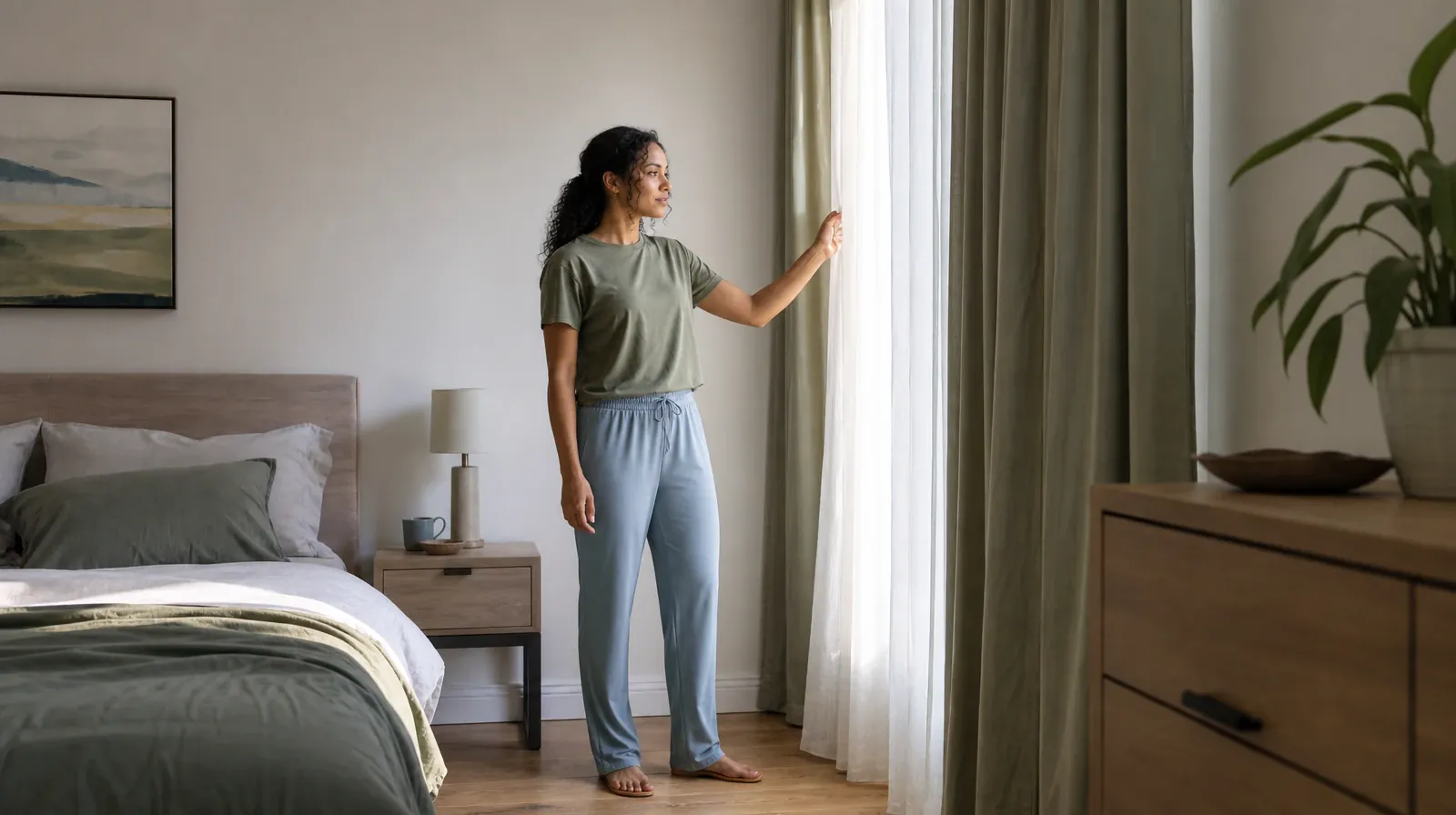 An adult opens a plain curtain in morning light · Prescription Sedative Addiction Treatment for Fort Lauderdale, FL