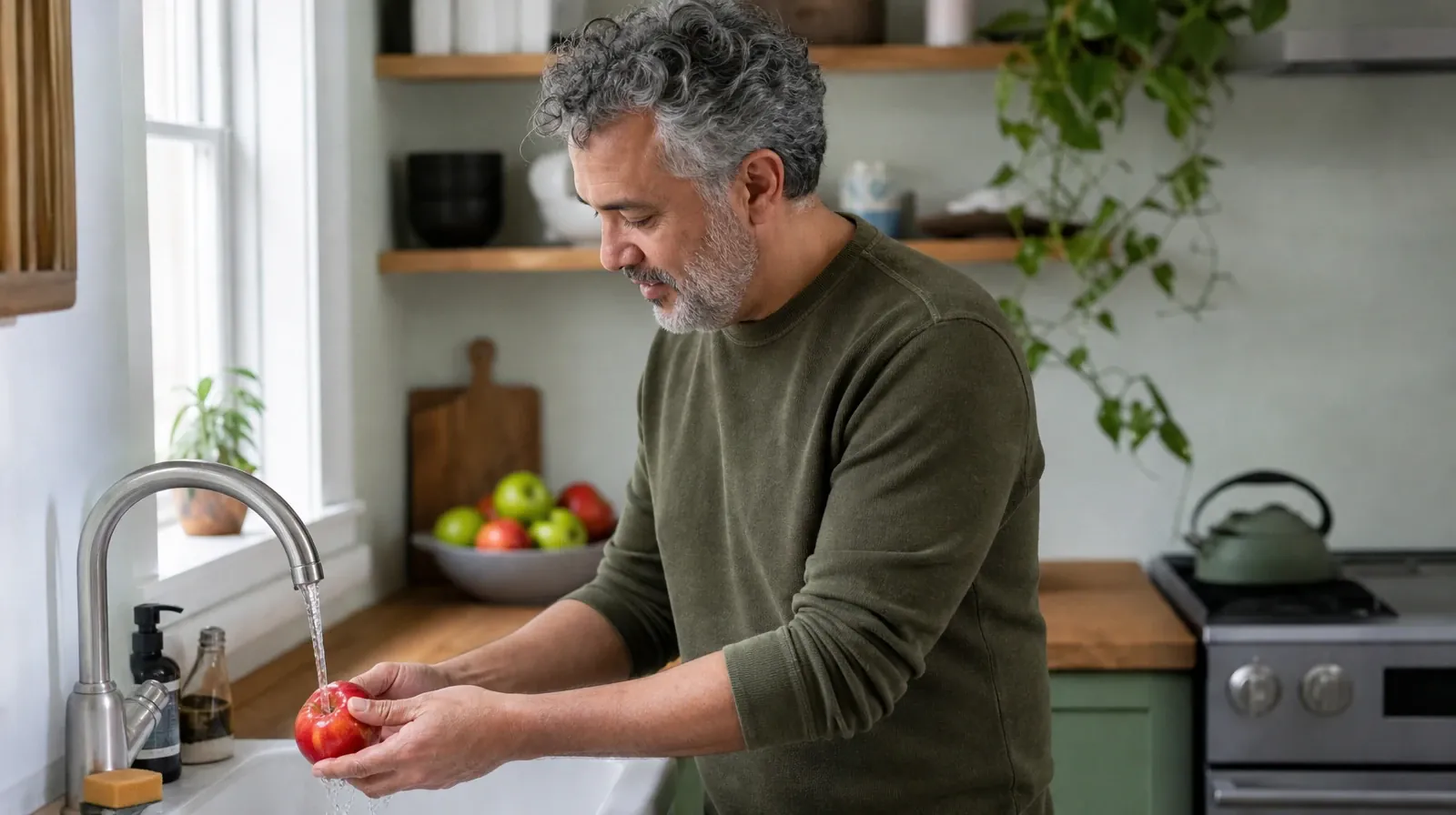An adult rinses an apple at a kitchen sink · Rx Stimulant Addiction Treatment for Fort Lauderdale, FL