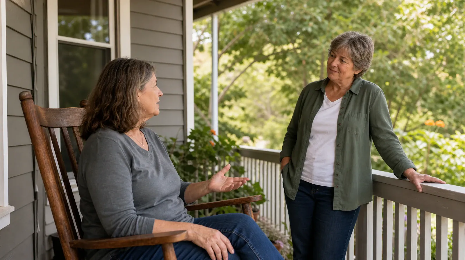 An adult in a wooden rocking chair talks with an older adult beside… · Addiction Treatment for Fort Lauderdale, FL Residents