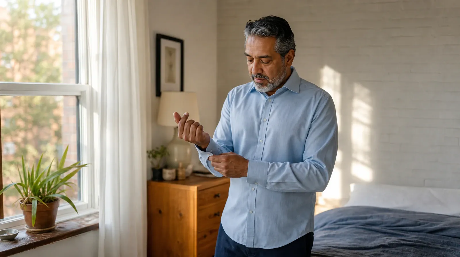 An adult buttons a shirt cuff near a window · Drug and Alcohol Detox for Geiger Key, FL Residents