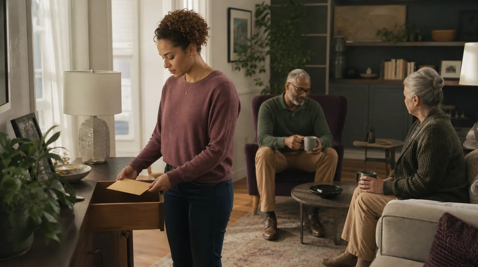 An adult places a plain sealed envelope in a drawer · Supporting an Adult Loved One for Geiger Key, FL Residents
