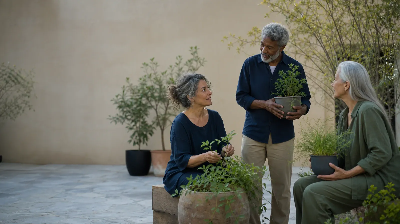 Three adults pause while tending plants in a courtyard · Addiction Treatment for Geiger Key, FL Residents