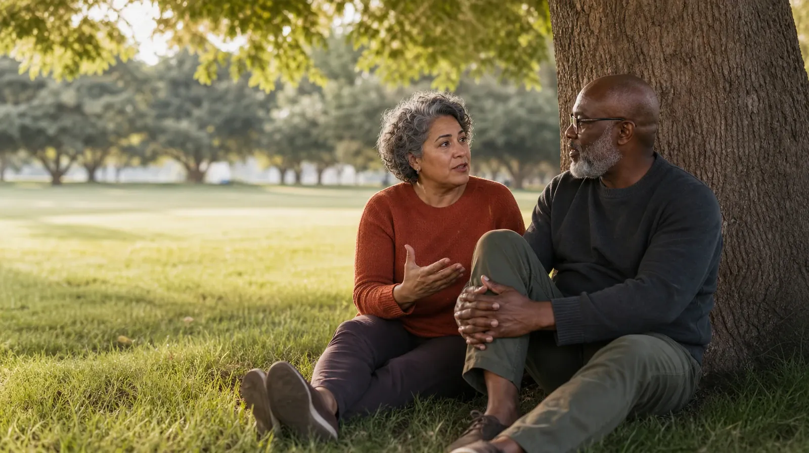 Two adults talk beneath a tree at a public green · Planning a Treatment Assessment for Greenacres, FL Residents
