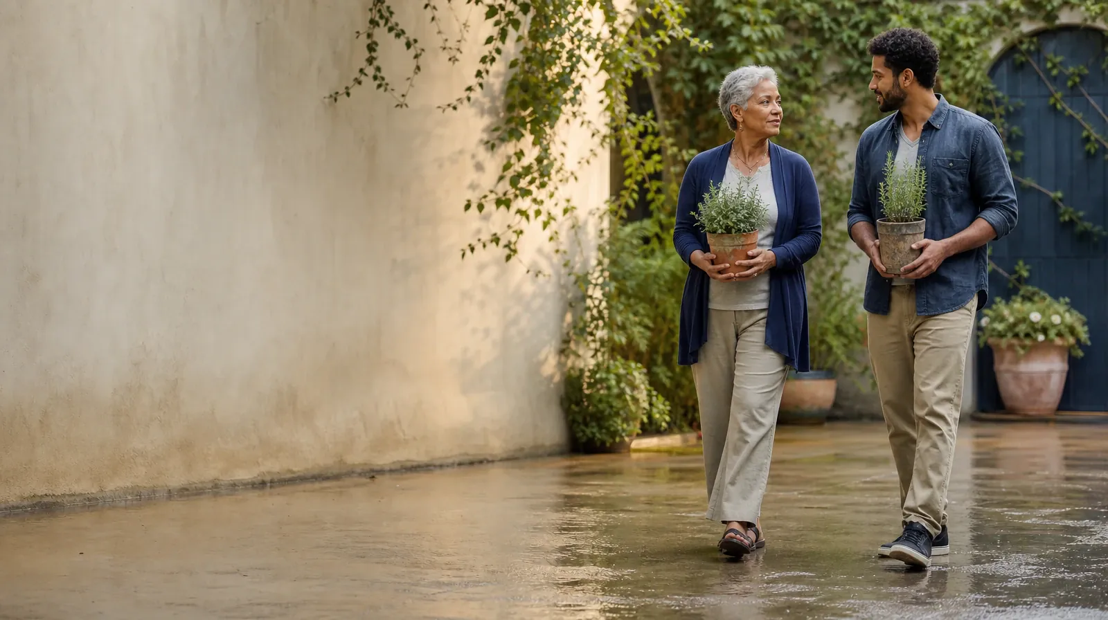 Planning Time Away for Treatment for Greenacres, FL Residents | Two adults pause with small plants in a courtyard Two adults pause with small plants in a courtyard · Planning Time Away for Treatment for Greenacres, FL Residents