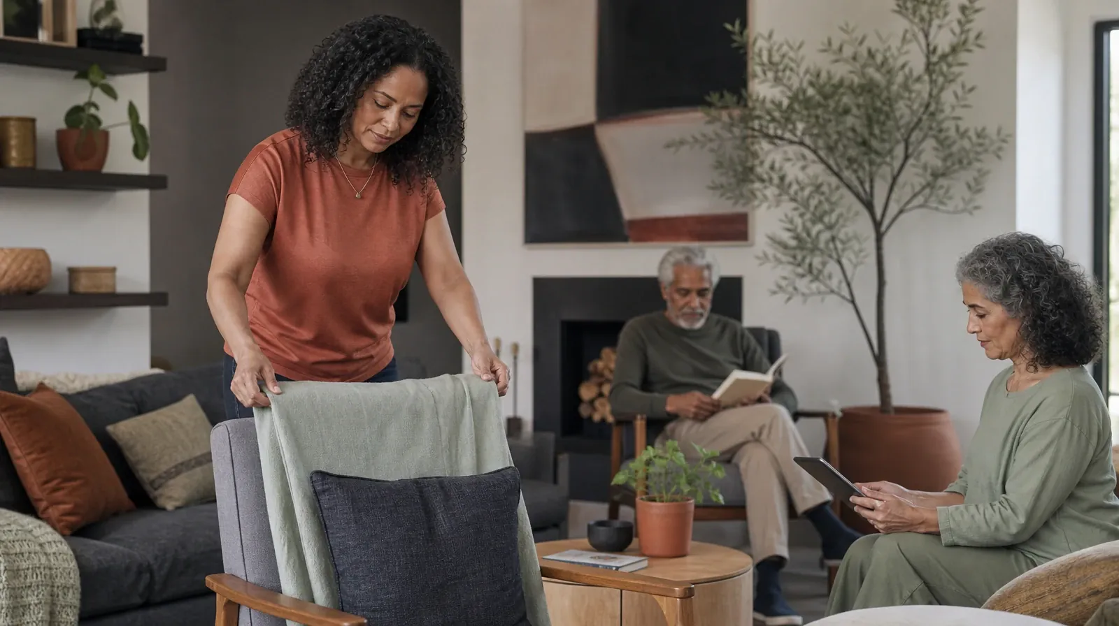 An adult folds a plain cotton throw over a chair · Planning Time Away for Treatment for Hallandale Beach, FL