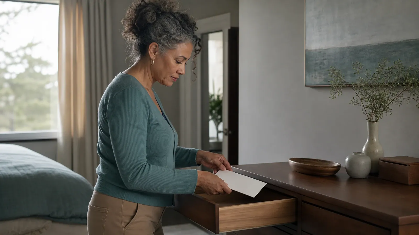 An adult places a plain sealed envelope in a drawer · Planning Time Away for Treatment for Hialeah Gardens, FL