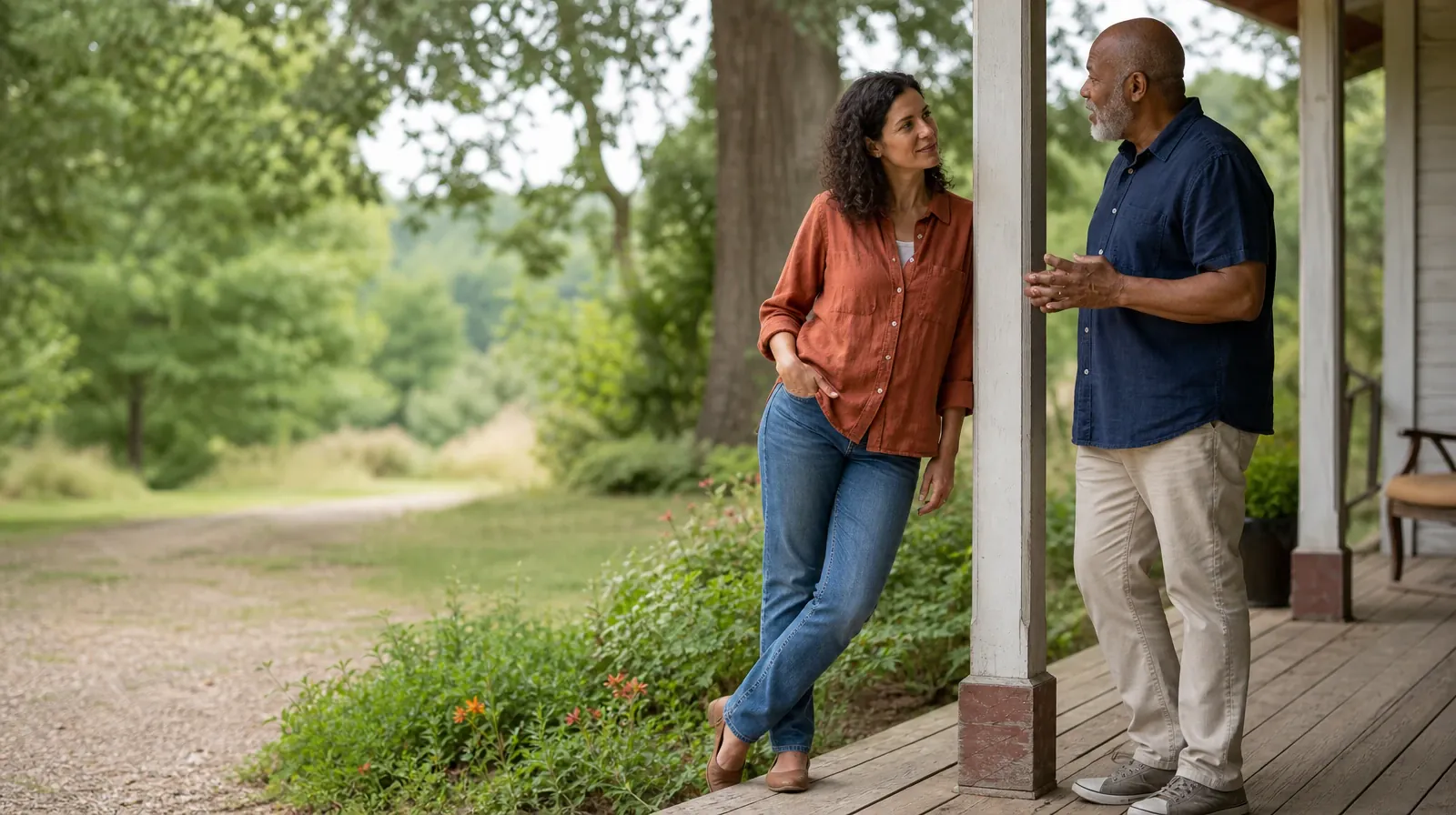 Two adults share a calm porch conversation · Planning a Treatment Assessment for Highland Beach, FL Residents