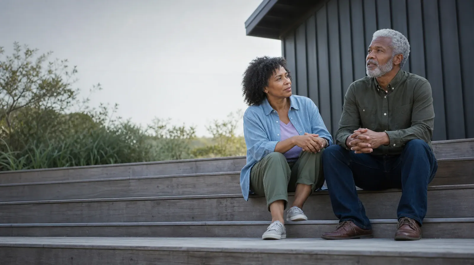 Two adults talk while seated on broad outdoor steps · Planning a Treatment Assessment for Hollywood, FL Residents