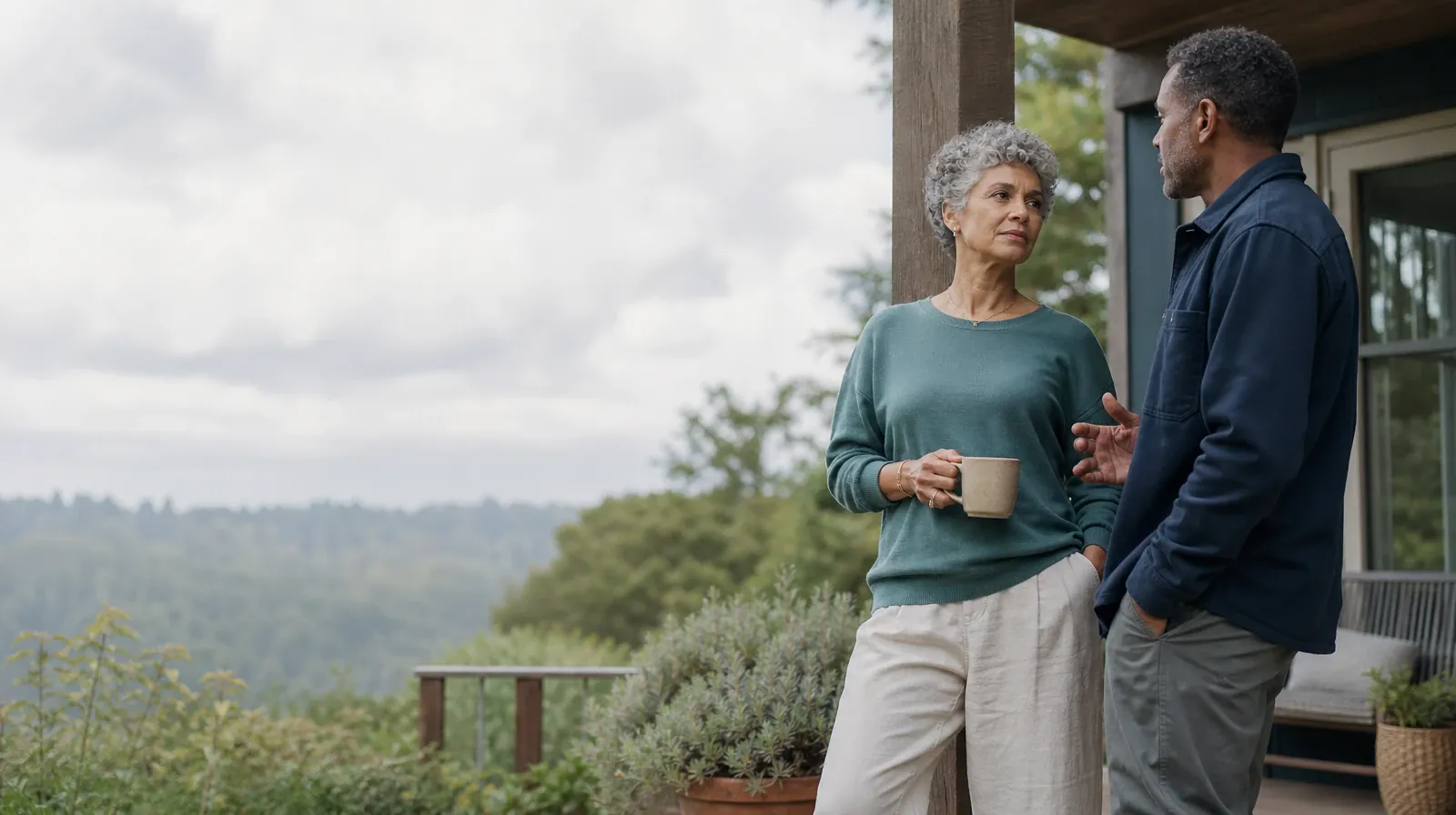Two adults share a calm porch conversation · Planning Time Away for Treatment for Hollywood, FL Residents